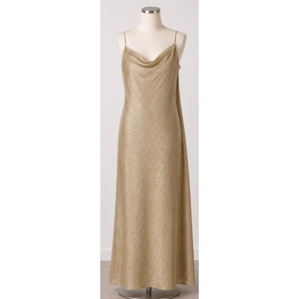 Marina Gold Metallic Cowl Neck Slip Maxi Dress 14 Y2K Gown Wedding Guest Party